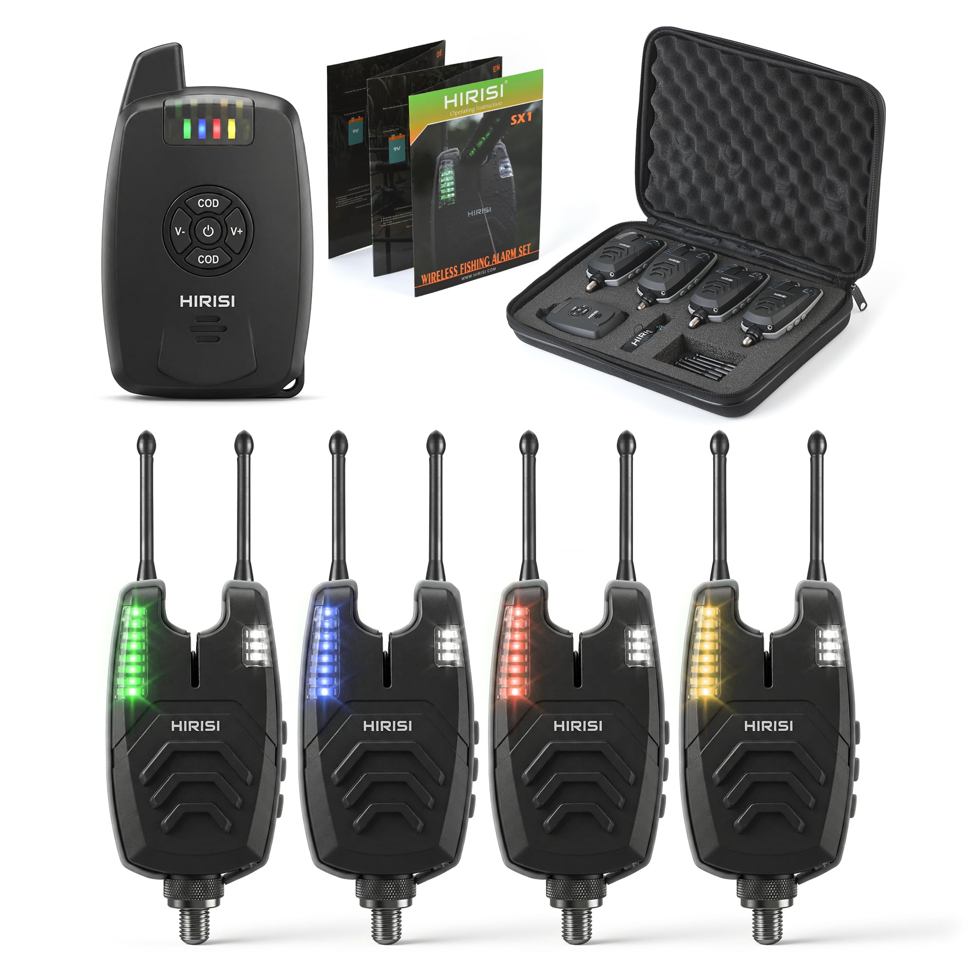 Hirisi Tackle Carp Fishing Wireless Alarm Set, 4 Alarms and 1 Receiver, Fully Functional Bite Alarm Fishing with Radio (SX1-4)