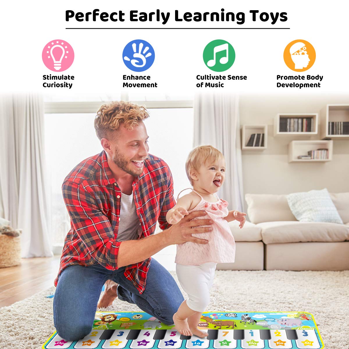 RenFox ベビー ミュージカルマット 42種類の音楽音 子供床ピアノ キーボード ダンスマット 動物ブランケット タッチプレイマット 早期教育玩具 ギフト 1 2 3歳以上 幼児 男の子 女の子
