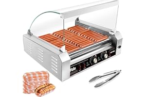 FIZIX Commercial 1670W Hot Dog Roller Grill, 11 Non-Stick Rollers for 30 Hot Dogs, Stainless Steel Machine with Glass Cover, Dual Temperature Control, LED Light & Removable Drip Tray (Black)