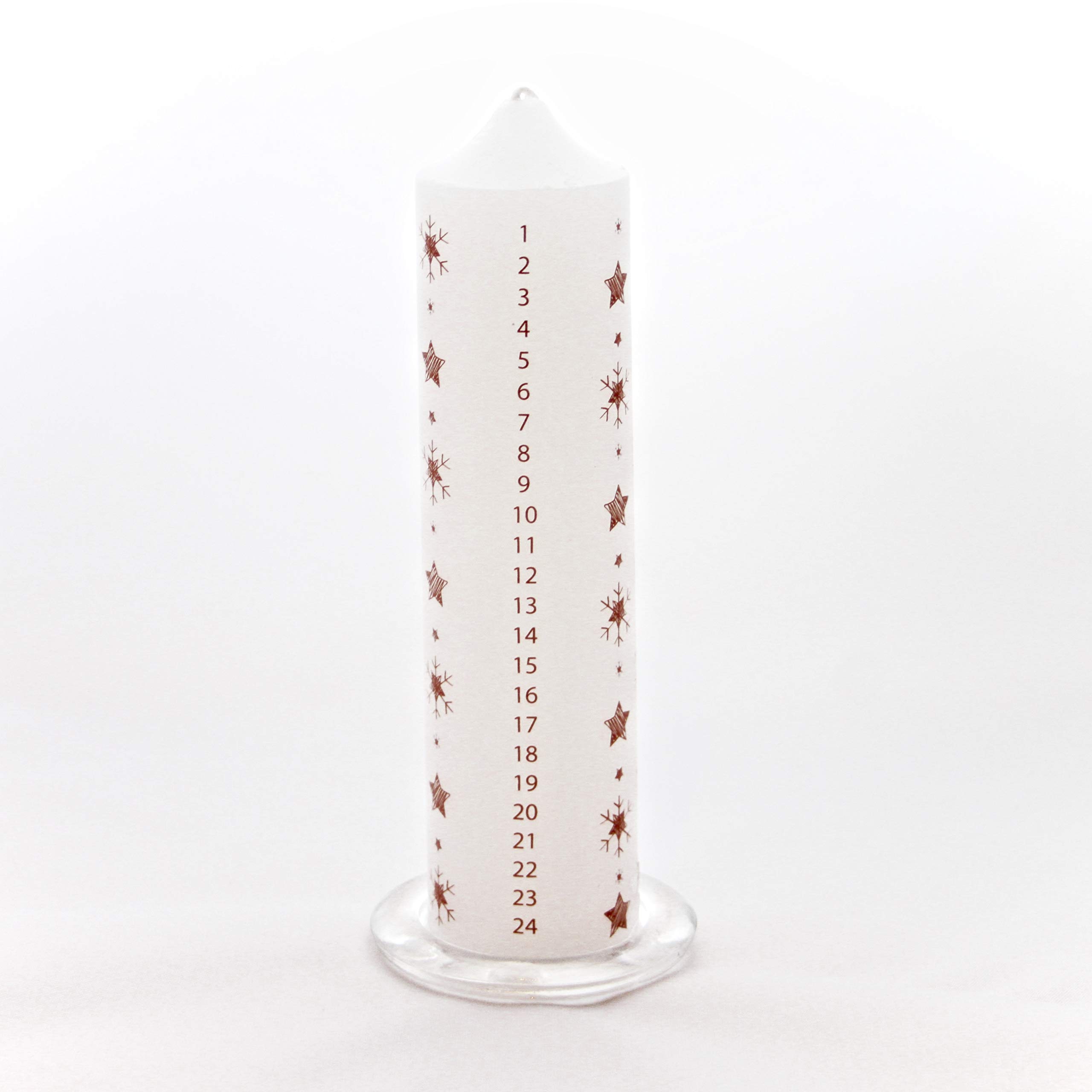 Festive Wax Advent Candle with Glass Stand White Pillar with Red Stars and Snowflakes
