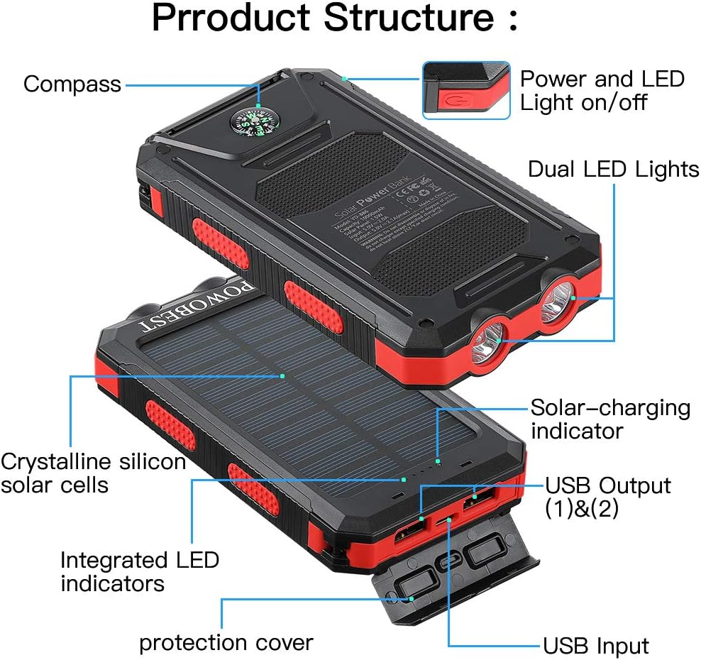Solar Cell Phone Charger 10000mAh, POWOBEST Waterproof Solar Power Bank with Dual USB, External Backup Battery Pack for Smartphones, Portable Solar Panels with Flashlight & Compass: Home Audio & Theater