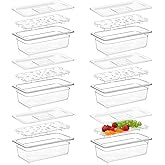 Sunnyray 6 Set 1/3 Size Polycarbonate Food Pans with Lids and Drain Shelf Clear Square Food Storage Containers for Kitchen Restaurant Fruit Vegetable Food Container and Storage (4 Inch Deep)