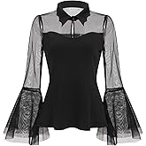 Mesh Sheer Bell Sleeve Gothic Tops for Women Goth Blouses Vintage 1950s Ilusion Punk Victorian Blouse Halloween Casual Shirts