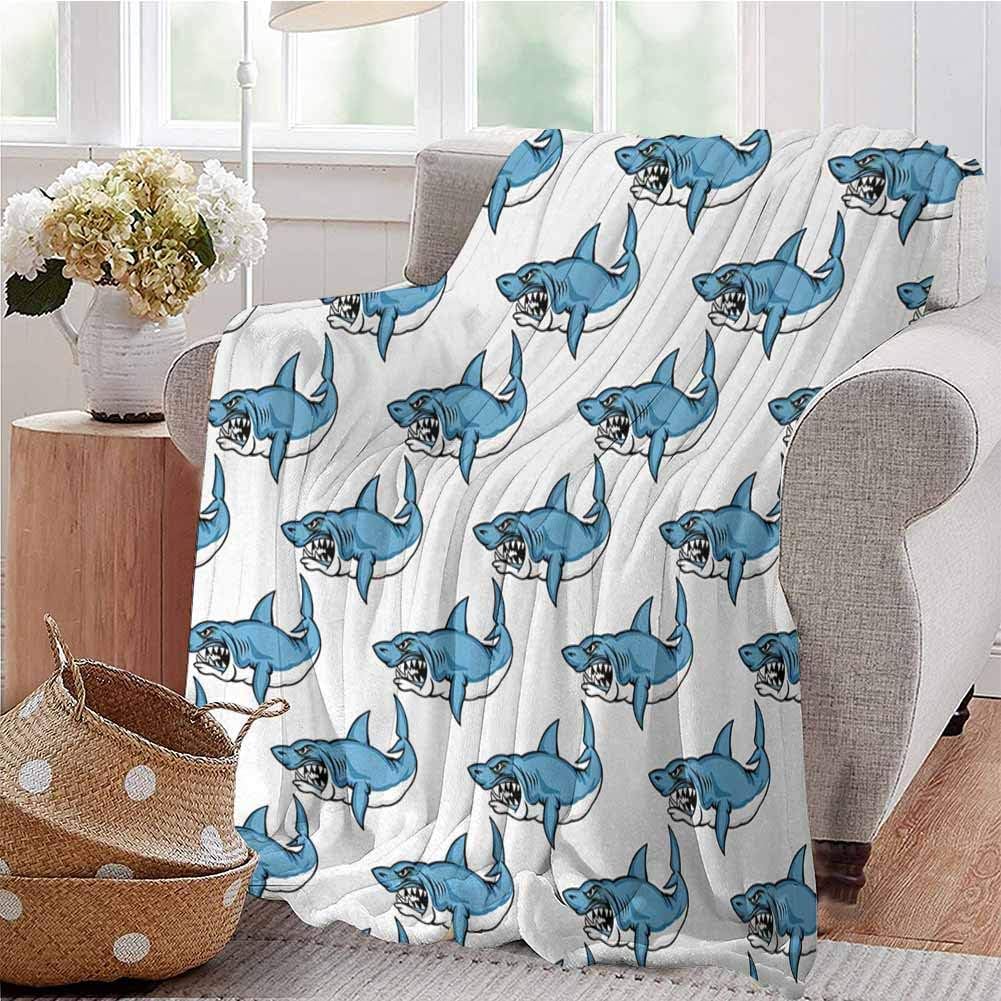 KFUTMD Boys Throw Blanket Fierce Predator Wild Shark Swimming Sharp Teeth Bite Nautical Theme Pattern Blue White Bedroom Dorm Sofa Baby Cot Beach W54 xL84
