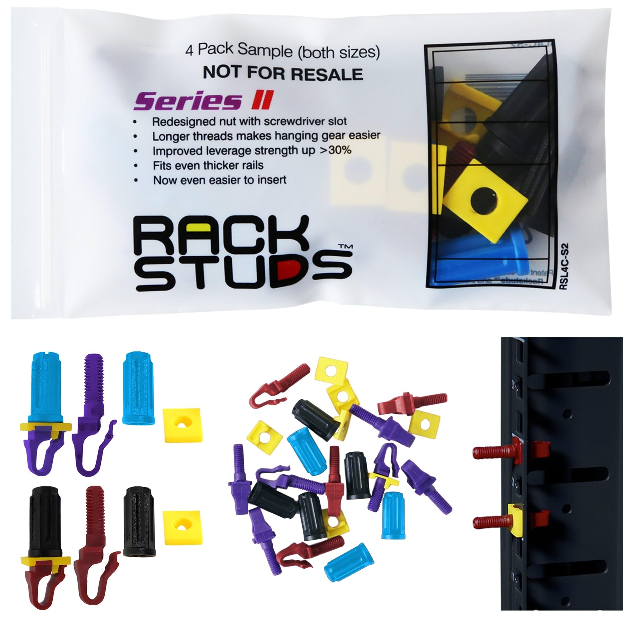 Rackstuds 4C Rack Mount Solution II - Sample Pack 4 of Each Size | Includes Both Red (2.2 mm) and Purple (3.2 mm) Studs | The complete solution for any 19" racks with square punched vertical rails