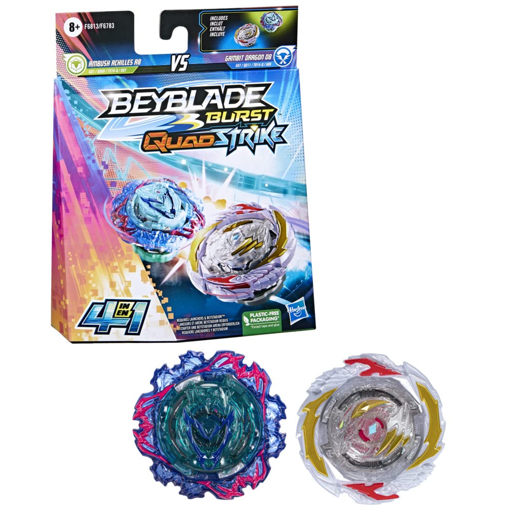 Beyblade Burst QuadStrike Dual Pack, Pack of 2 Gambit Dragon D8 and Ambush Achilles A8 8+ Years, Includes 2 Beyblade Burst Spinners and Instructions in French