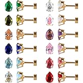 12 Pairs Surgical Stainless Steel Flat Back Screw Back Round Heart Star Square Teardrop Cubic Zirconia Birthstone Stud Earrings Set for Women