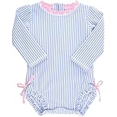 RuffleButts Baby/Toddler Girls Seersucker Long Sleeve One Piece Rash Guard Swimsuit with UPF 50+ Sun Protection