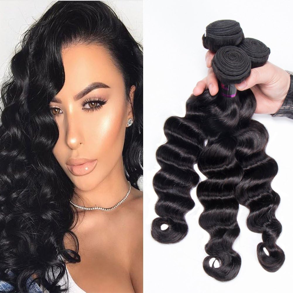 Usheen Hair Loose Wave Bundles Brazilian Virgin Hair Loose Wave Bundle Deals Loose Wave Human Hair Extensions Loose Wave Hair Weave Soft and Bouncy 8 10 12 Inch Natural Color