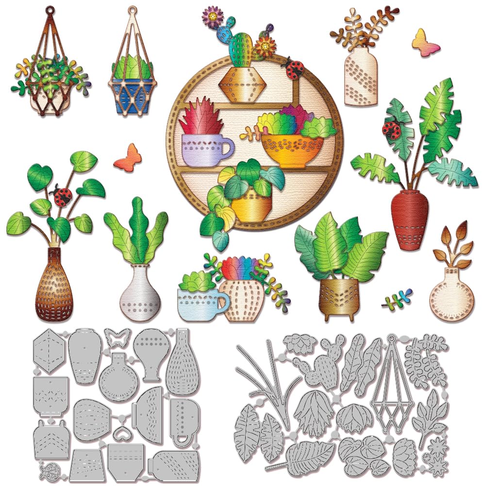 GLOBLELAND Mini Potted Plants Cutting Dies for Card Making Flower Cactus Succulent Metal Die Cuts Leaf Vase Cutting Dies Templates for Scrapbooking Journal Embossing Paper Craft Decor