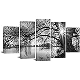 sechars - 5 Pieces Wall Art Old Tree by Lake Picture Canvas Prints Sunrise Painting Black and White Landscape Canvas Art Modern Wall Decoration Framed and Ready to Hang