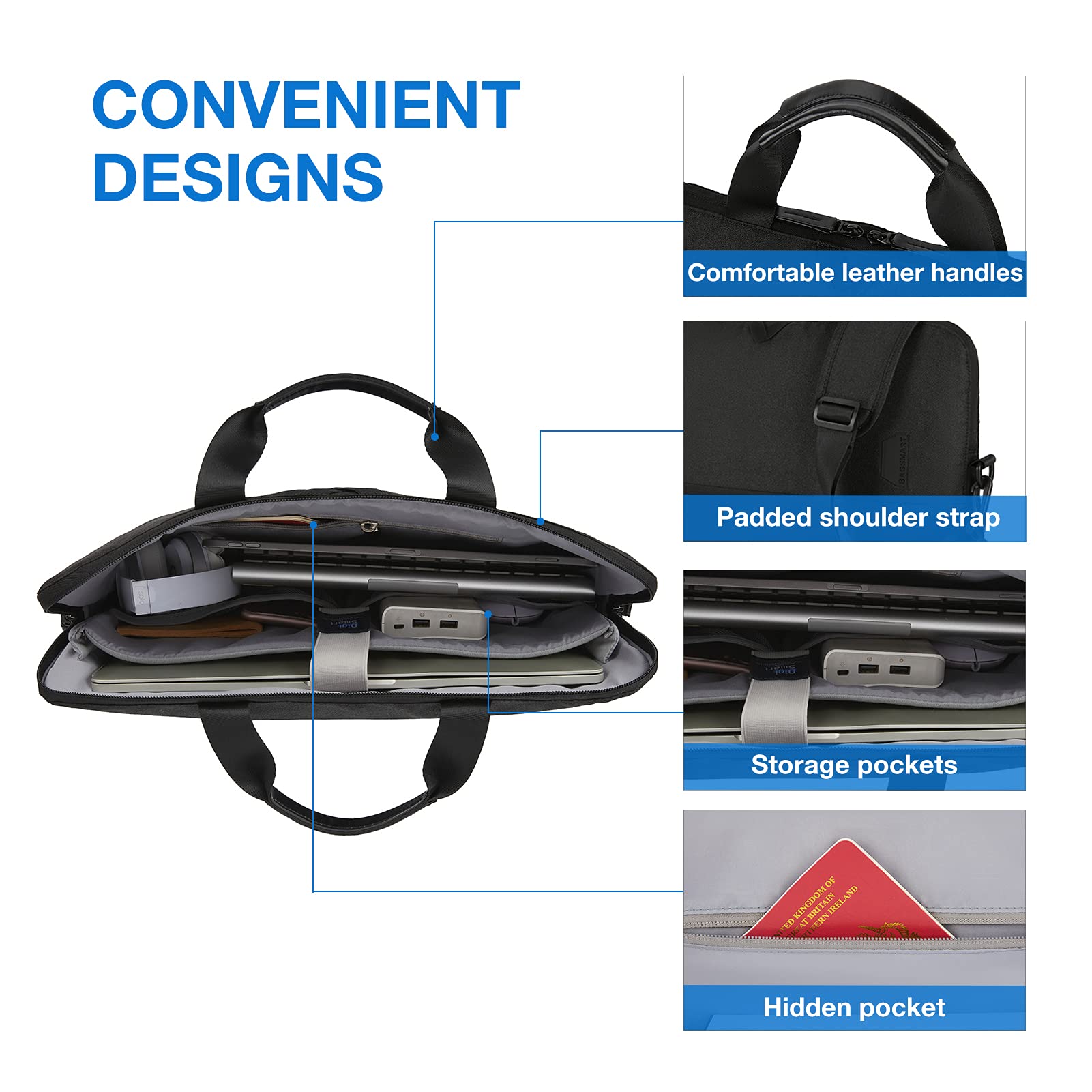 BAGSMART 15.6 Inch Laptop Case for Business Travel, Water-Resistant Protective Computer Bag, Office Briefcase Organizer, Black