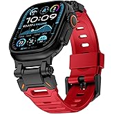 WINGLE FKM Rubber Bands for Apple Watch Band Ultra 3/2/1 Band Ultra 49mm Series 11 10 46mm 45mm 44mm 42mm SE 3/2/1 9 8 7 6 5 4 3 Men, Military Rugged Metal Connector Silicone iWatch Sport Bands, Red