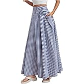 MakeMeChic Women's Gingham Maxi Skirt High Waist Flowy Loose Fit Y2k Long Skirts with Pocket