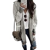 Sidefeel Women's Cardigan Sweaters Hooded Oversized Open Front Chunky Knit Plaid Sweater Coat Fall Fashion Tops