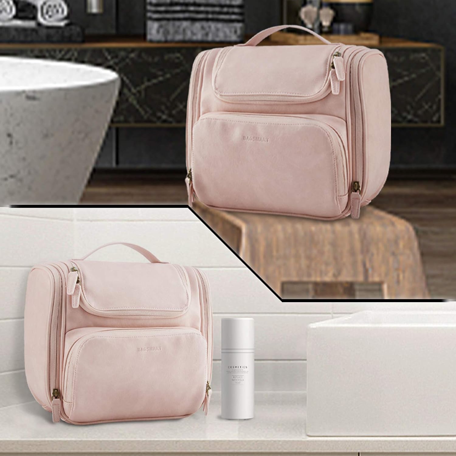 Toiletry Bag, BAGSMART Travel Leather Dopp Kit for Women with Hanging Hook, Water-resistant Large Travel Organizer Kit for Toiletries, Full Sized Container, Make Up Accessories (Pink)