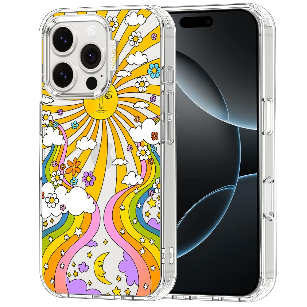 MOSNOVO Case for iPhone 16 Pro, [Buffertech 6.6ft Military-Grade Drop Protection] [Anti Peel Off Tech] Clear TPU Bumper Phone Case Cover Design - 70's Psychedelic Groovy Art