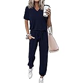 MASCOMODA Womens 2 Piece Outfits Summer Casual V Neck Short Sleeve Tops Long Pants Tracksuit Lounge Jogger Set with Pockets