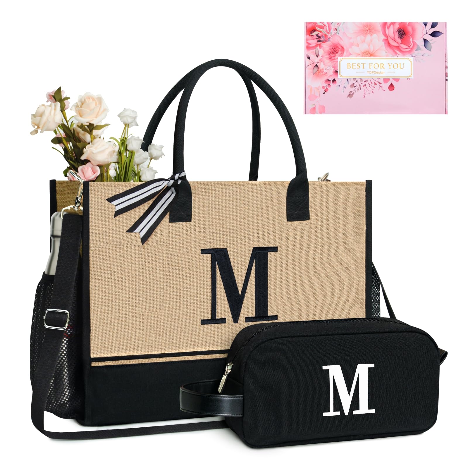 Photo 1 of TOPDesign Personalized Initial Jute Tote Bag with 5 Pockets, Top Zipper Closure, Thick Bottom Support, for Wedding, Birthday, Beach, Perfect Gifts for Women, Mom, Teachers, Friends, Gift Boxed