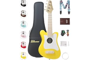 Ulumac Soprano Ukulele, Stylish Shape with White Pickguard Spruce 21.5 inch Ukelele Beginner Kit with Gig Bag, Digital Tuner, Replacing Strings, 3 Guitar Picks, Strap, Cloth, Yellow, P005WYE