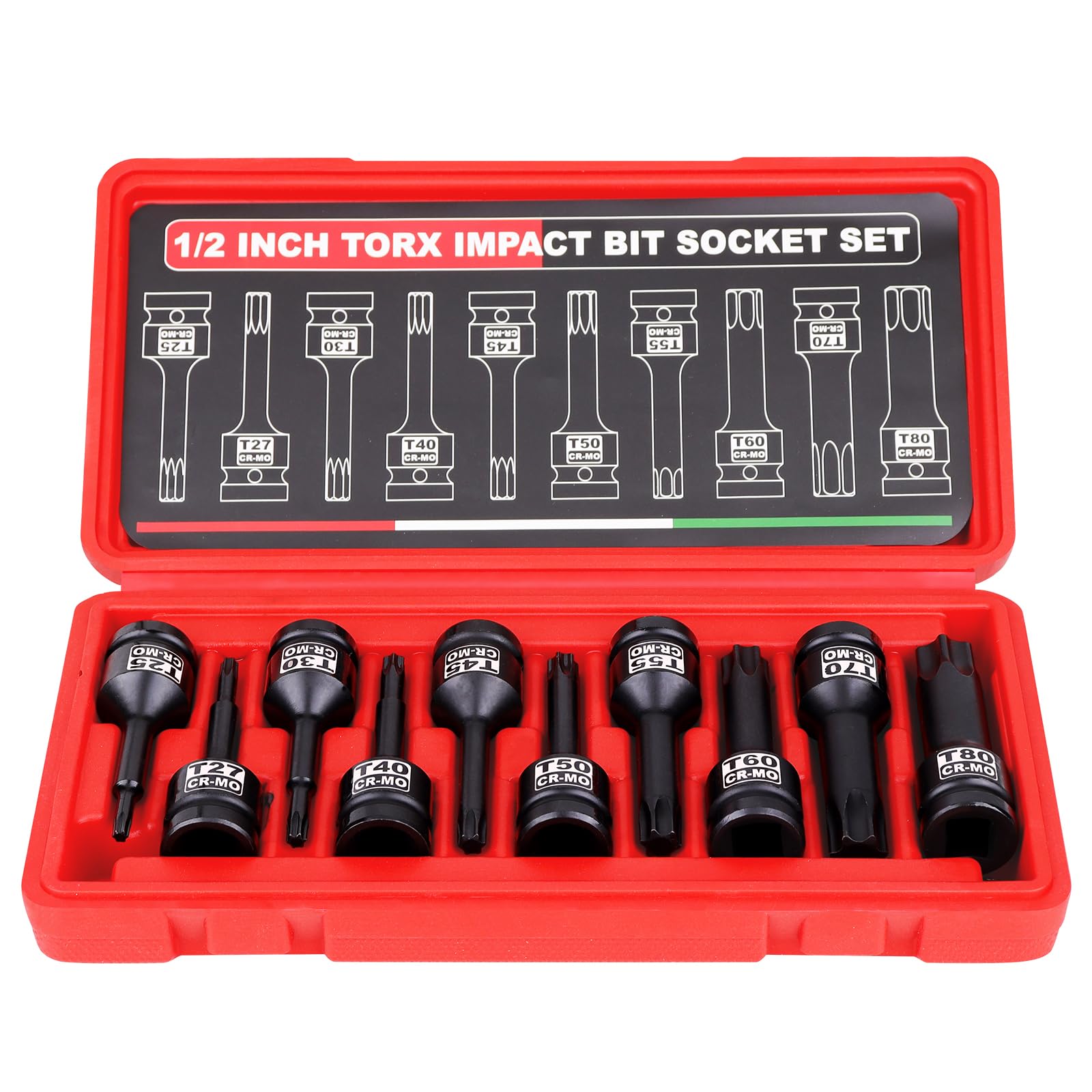 1/2 Inch Drive Impact Torx Bit Socket Set: 10 Piece Torx Bit Set, T25 - T80 Star Torx Socket Set for Auto Repair Industrial Assembly Equipment Maintenance and DIY Enthusiasts Alike
