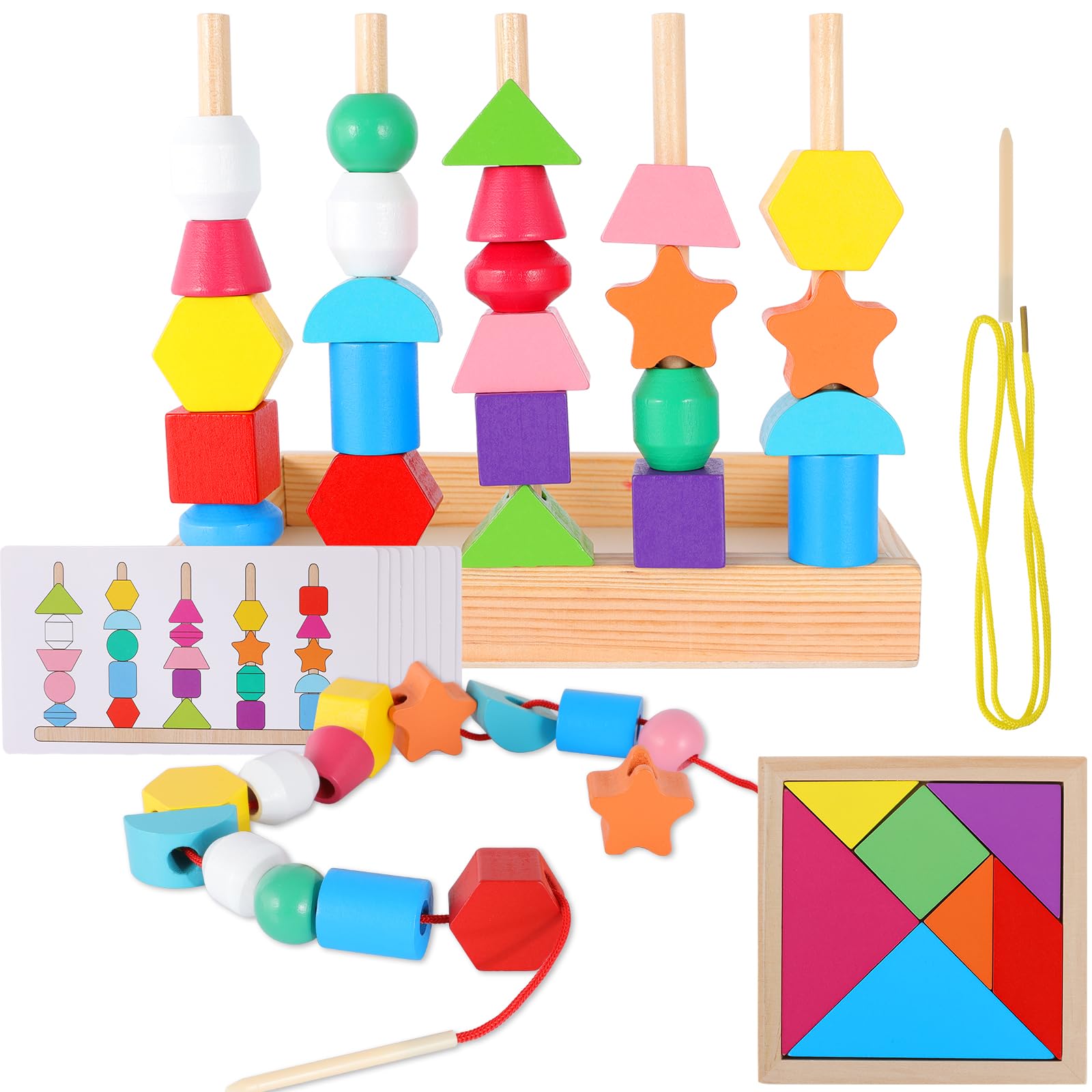 ZHXGO Wooden Beads Sequencing Toy Set, Lacing Beads Building Blocks, Toddler Sorting & Stacking Beads, Shape Sorter Threading Toys with Cards Tangram, Educational Learning Gifts for 3 4 5+ Years Old