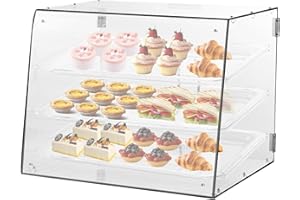 CHOLISM Acrylic Pastry Display Case, 3 Tray Commercial Countertop Bakery Display Case , Acrylic Bread Display with Rear Door Access & Removable Shelves, 22x17x16.5inch