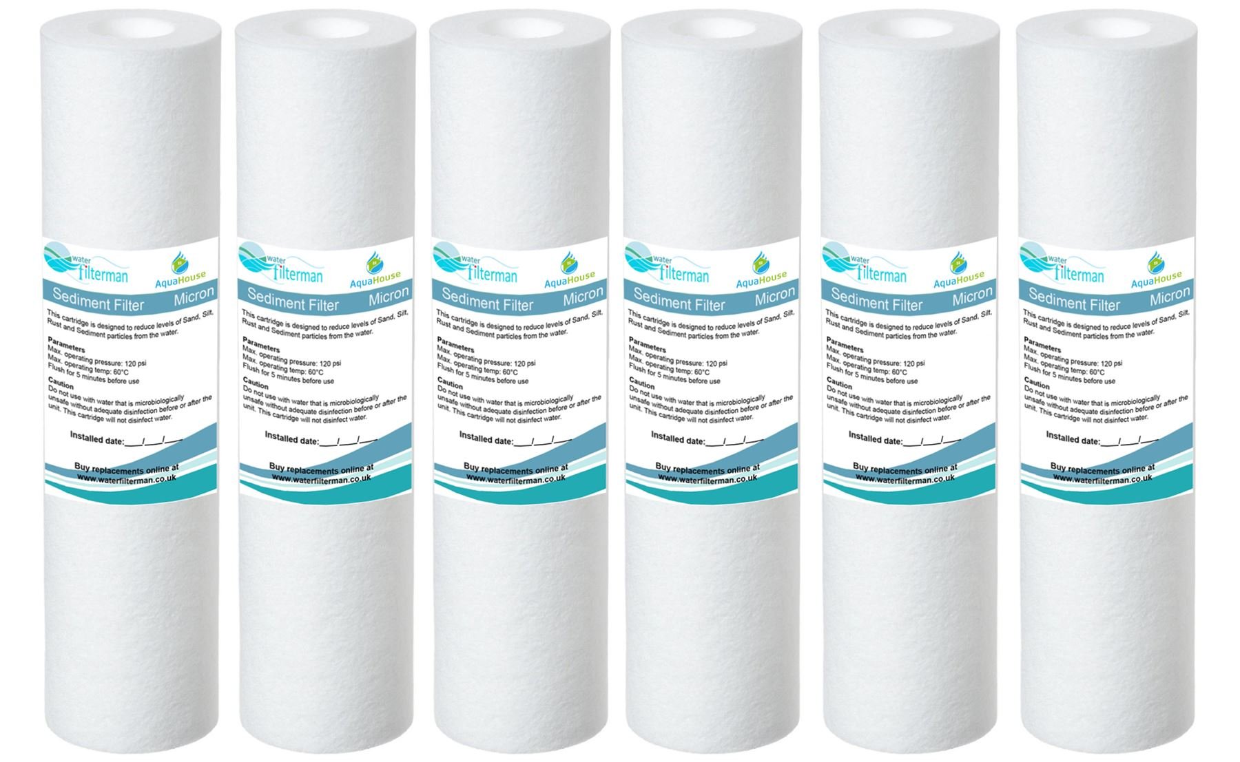 6X AquaHouse 10" Sediment Water Filter Cartridge for Reverse Osmosis, Water fed Pole & Partictle Filtration, fits Standard 10" Filter housings - 5 Micron