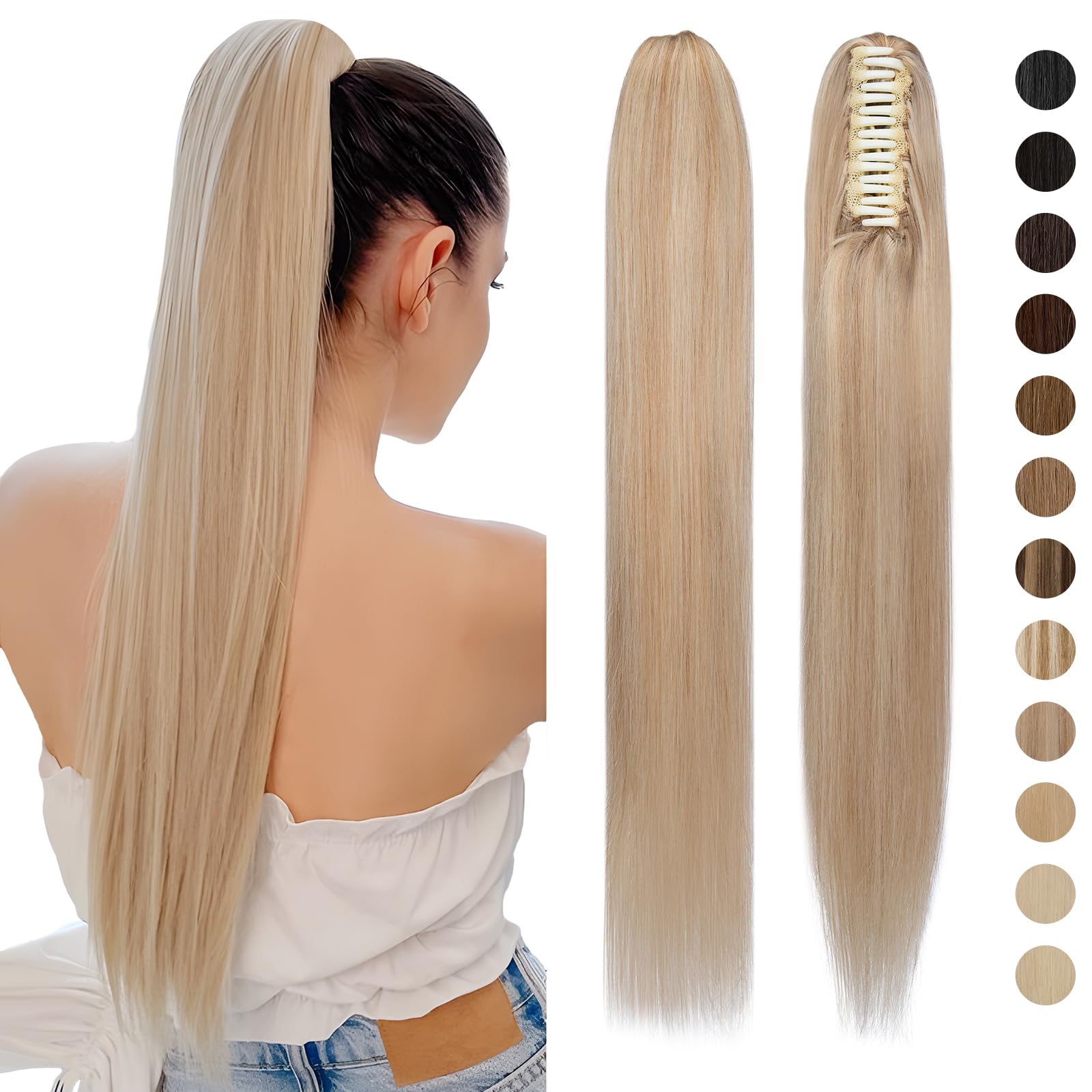 Silk-co Straight Ponytail Extensions Human Hair One Piece Claw Clip Ponytail Real Remy Hair 18inch #18P613 Ash Blonde&Bleach Blonde — image 1