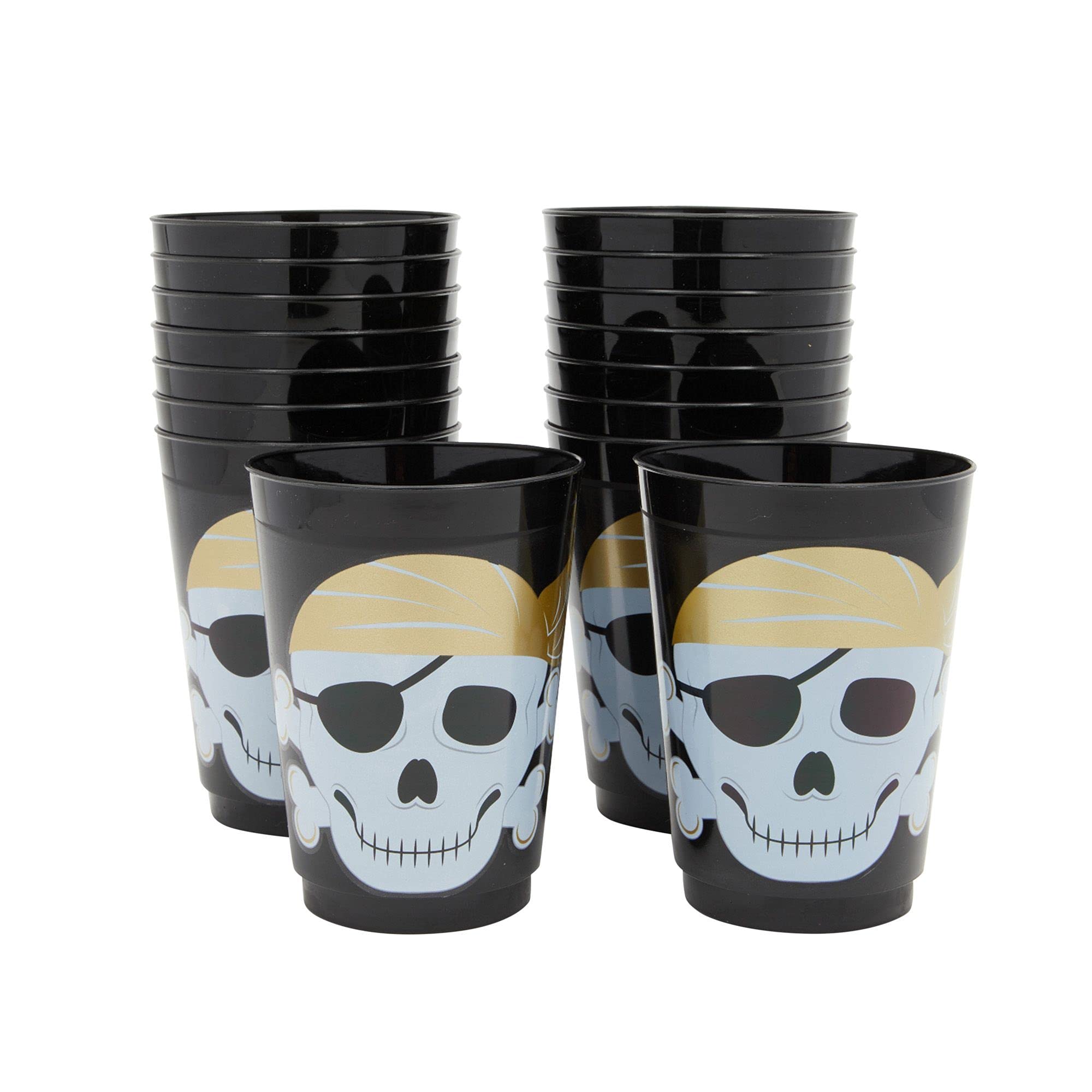 Photo 1 of Sparkle and Bash Pirate Cups - 16 oz, Black, 16 Count - Durable Reusable Skull Plastic Tumblers & Pirate Party Supplies
