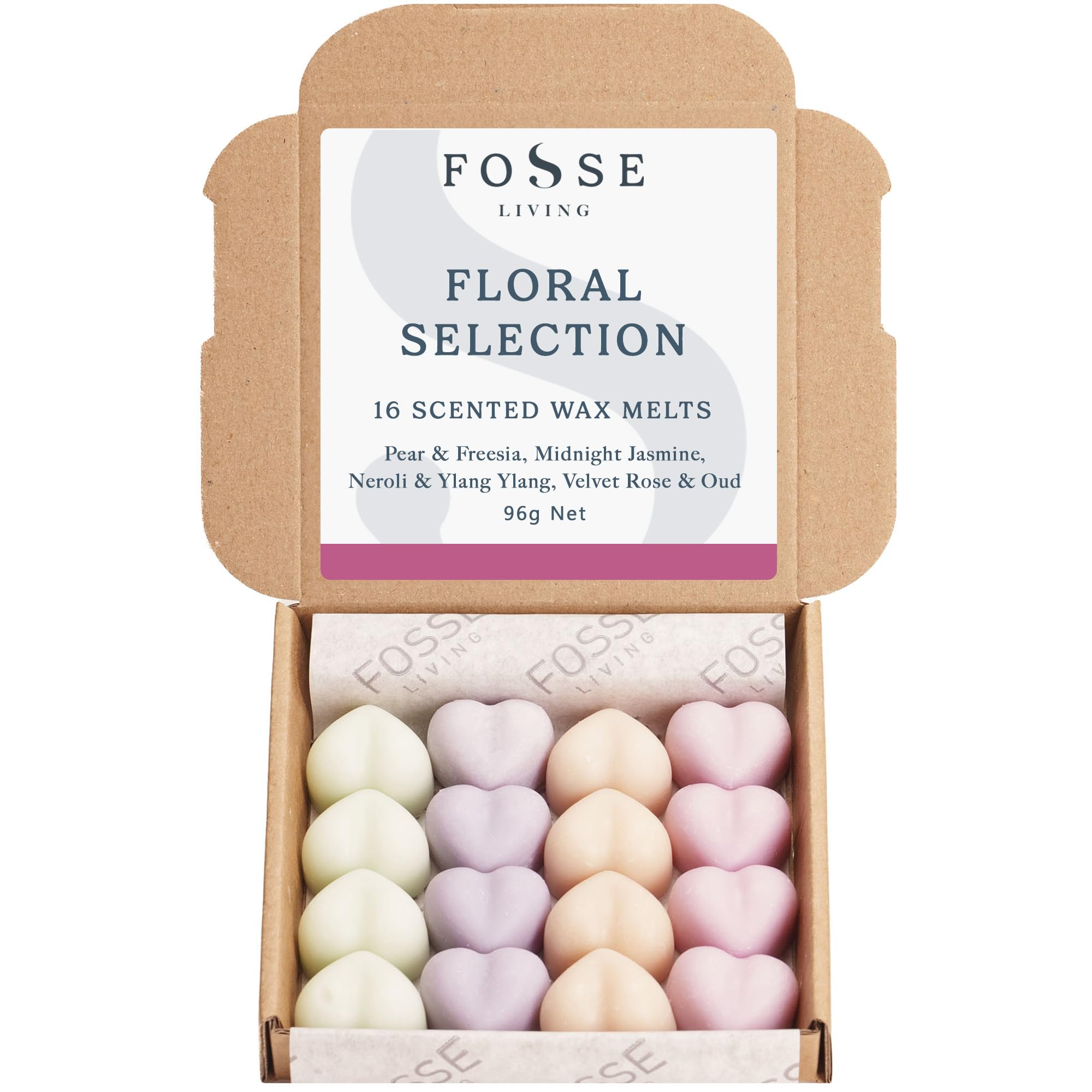 Floral Selection Soy Wax Melts 16 Pack | Pear & Freesia, Midnight Jasmine, Neroli & Ylang Ylang, Velvet Rose & Oud | Natural, Vegan & Plastic Free | Up to 96 Hrs Scent | Handmade in UK – Fosse Living