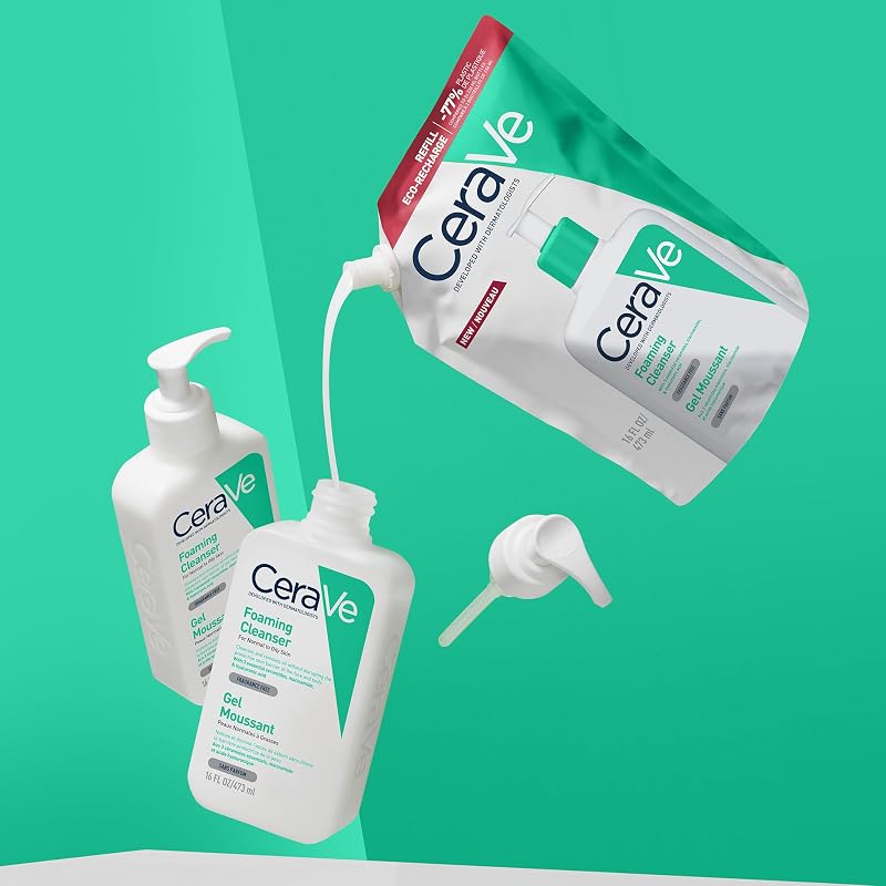 CeraVe Foaming Cleansing Gel Refill, Para Pele Normal a Oleosa, Remove o Excesso de Sebo, Enriquecido com Ceramidas Essenciais, Niacinamida e Ácido Hialurónico, Adequado para Rosto e Corpo, 473 ml