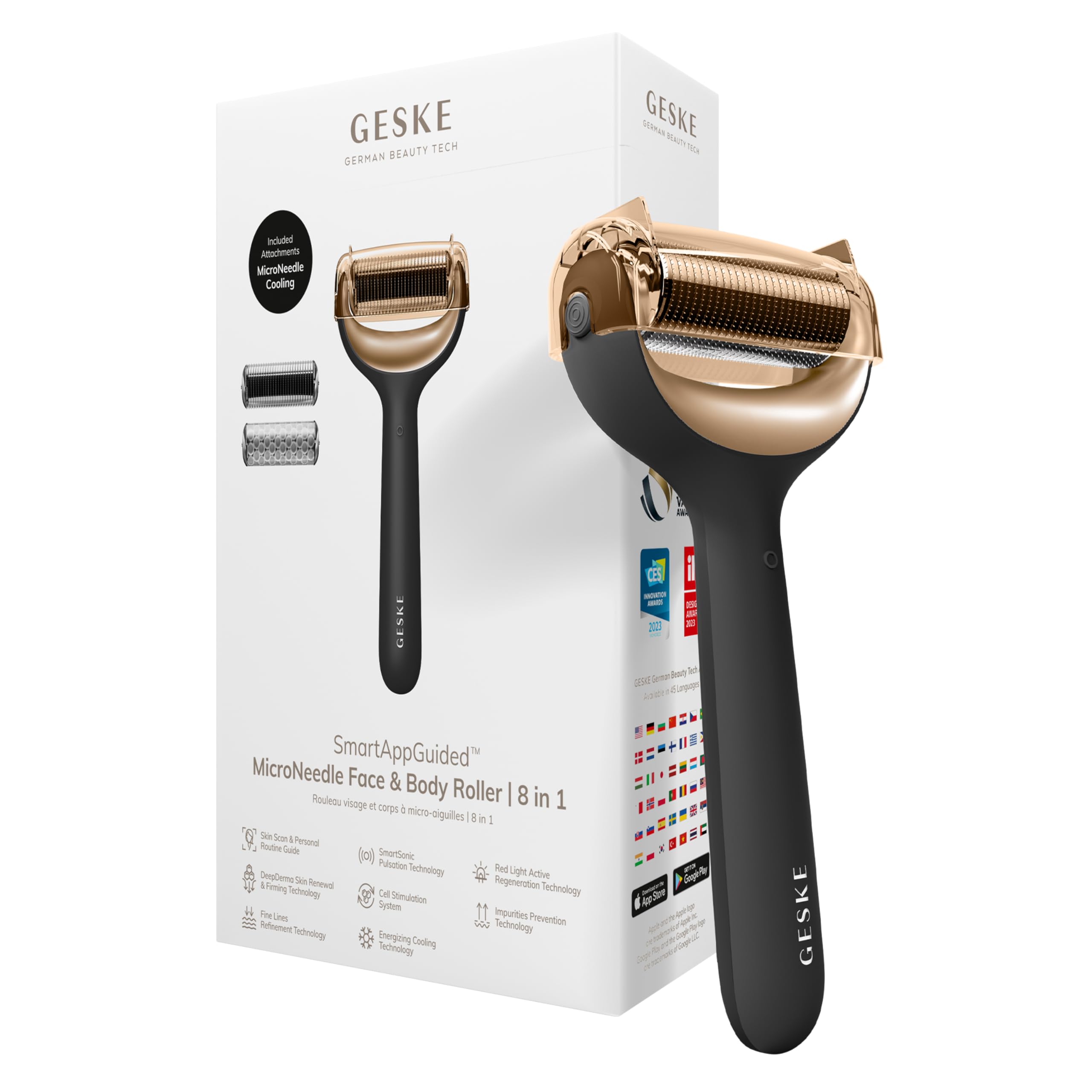 GESKE SmartAppGuided™ MicroNeedle Face & Body Roller | 8 in 1 | Derma Roller | Electric roller | Microneedling device | Needle roller | Beauty roller for face and body