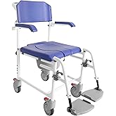KMINA Shower Commode Chair with Wheels and Footrest (v.2 Improved Brakes), Drop Arm, Adjustable for Seniors, Blue - KMINA PRO