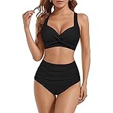 Bikini Swim Suits for Womens Sexy Cross Knotting V-Neck with High Waisted Ruched Tummy Control Bathing Swimsuits 2026