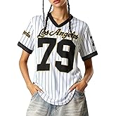 Vamtac Oversized Mesh Jersey Shirts for Women Striped Number Graphic Tees Y2K V Neck Shirt Summer Streetwear Tops