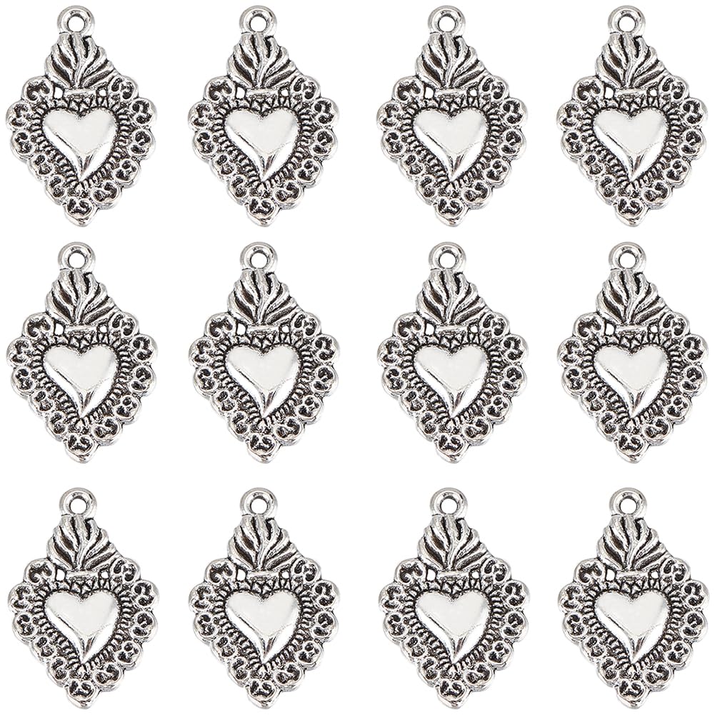 SUNNYCLUE 1 BOX 80PCS Sacred Heart Charms Milagros Heart Charms Mexican Cute Alloy Metal Antique Silver Love Charm Bulk for Jewellery Making Charms Christmas Easter Valentine's Day Gift Craft Supplies