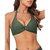Limeeke Women Bikini Top Halter Twist Front Swimsuit Top Padded V Neck Swim Bathing Suit Tops Only