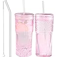 Glass Coffee Cups with Lids and Straws, 20 OZ Pink Iced Water Glasses Tumblers for Ice Juice, Tea, Milk, Smoothie and Cold or Hot Drinks, Set of 2