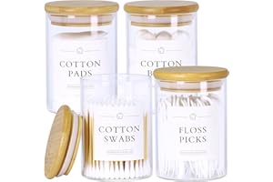 INIUNIK 4 Pack Qtip Holder Dispenser - Glass Apothecary Jars with Lids, Cotton Ball Pad Swab Round Holder, Bamboo Bathroom Accessories, Bathroom Organizers Containers Jars Canisters with Lids