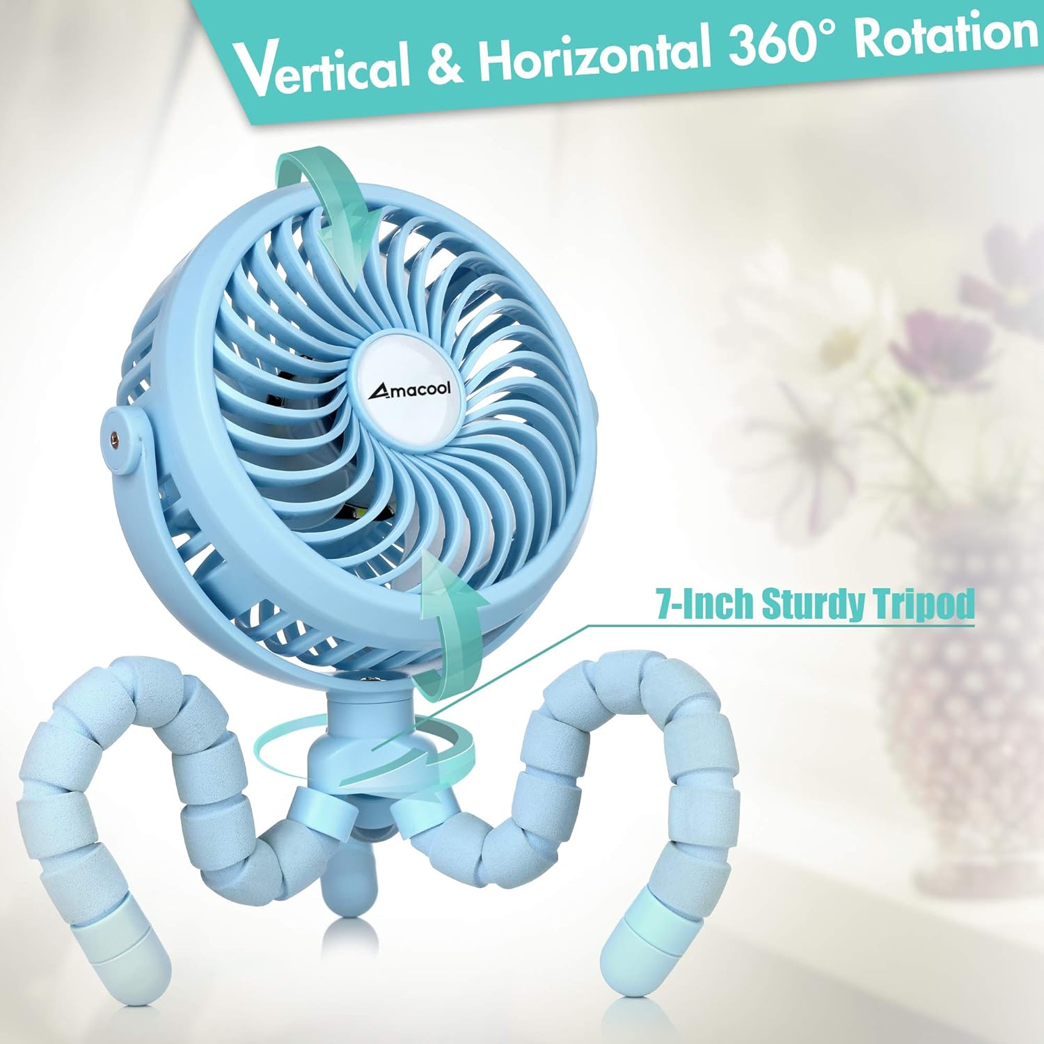 Battery Operated Stroller Fan Flexible Tripod Clip On Fan with 3 Speeds and Rotatable Handheld Personal Fan for Car Seat Crib Bike Treadmill (Blue): Kitchen & Dining