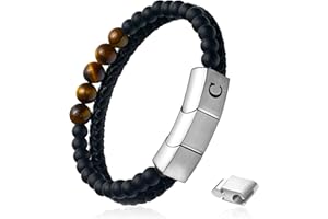 nometo Black Leather Bracelet for Men Initial Leather Beaded Bracelet With Adjustable Stainless Steel Buckle Natural Matte Agate Tiger Eye Stone Bracelet Jewelry Gifts for Men