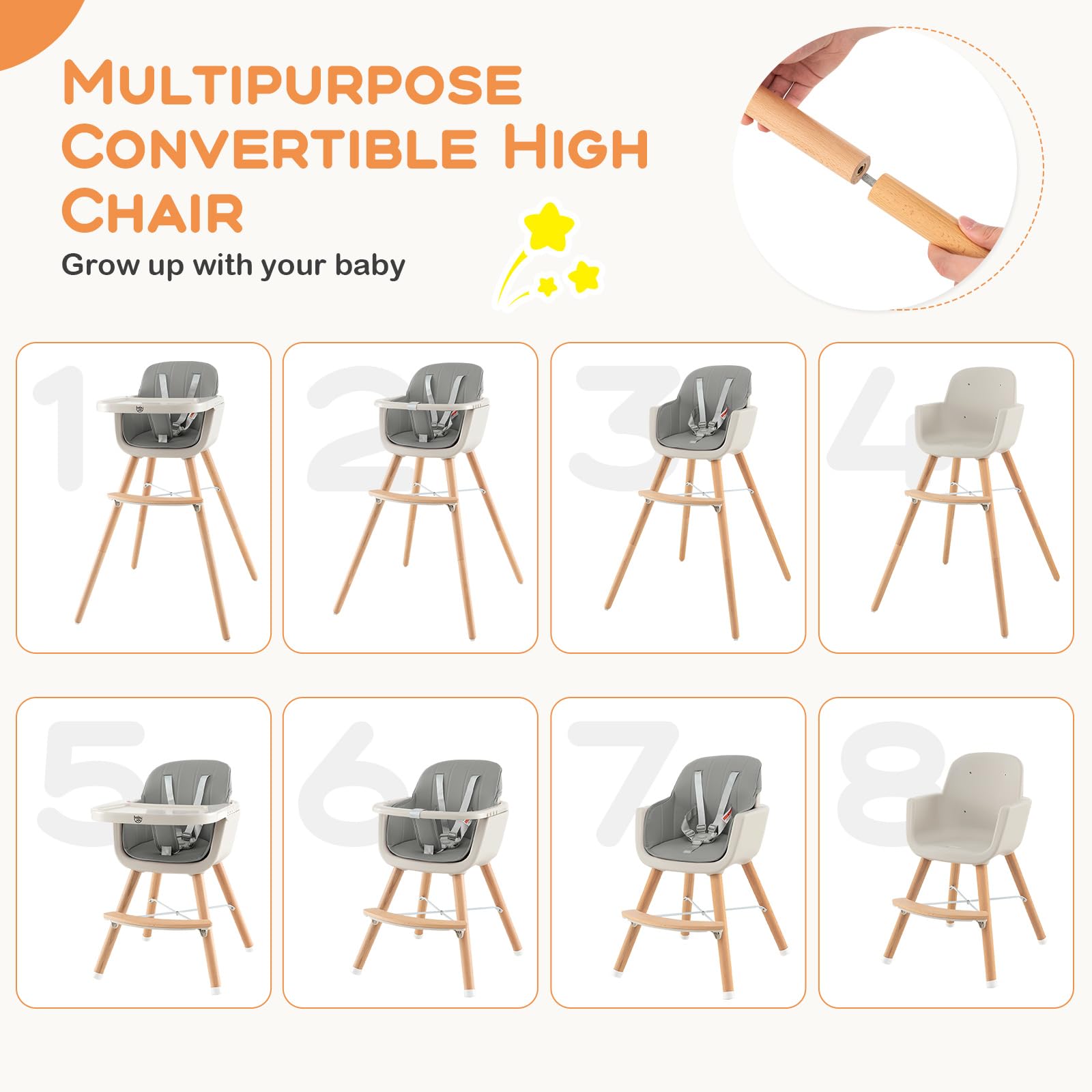 BABY JOY Convertible Baby High Chair, 3 in 1 Wooden Highchair/Booster/Chair with Removable Tray, Adjustable Legs, 5-Point Harness, PU Cushion and Footrest for Baby, Infants, Toddlers (Gray)
