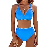 BMJL Women's Bikini Sets V Neck High Waisted Swimsuits Shell Stitched Cheeky Two Piece Bathing Suit