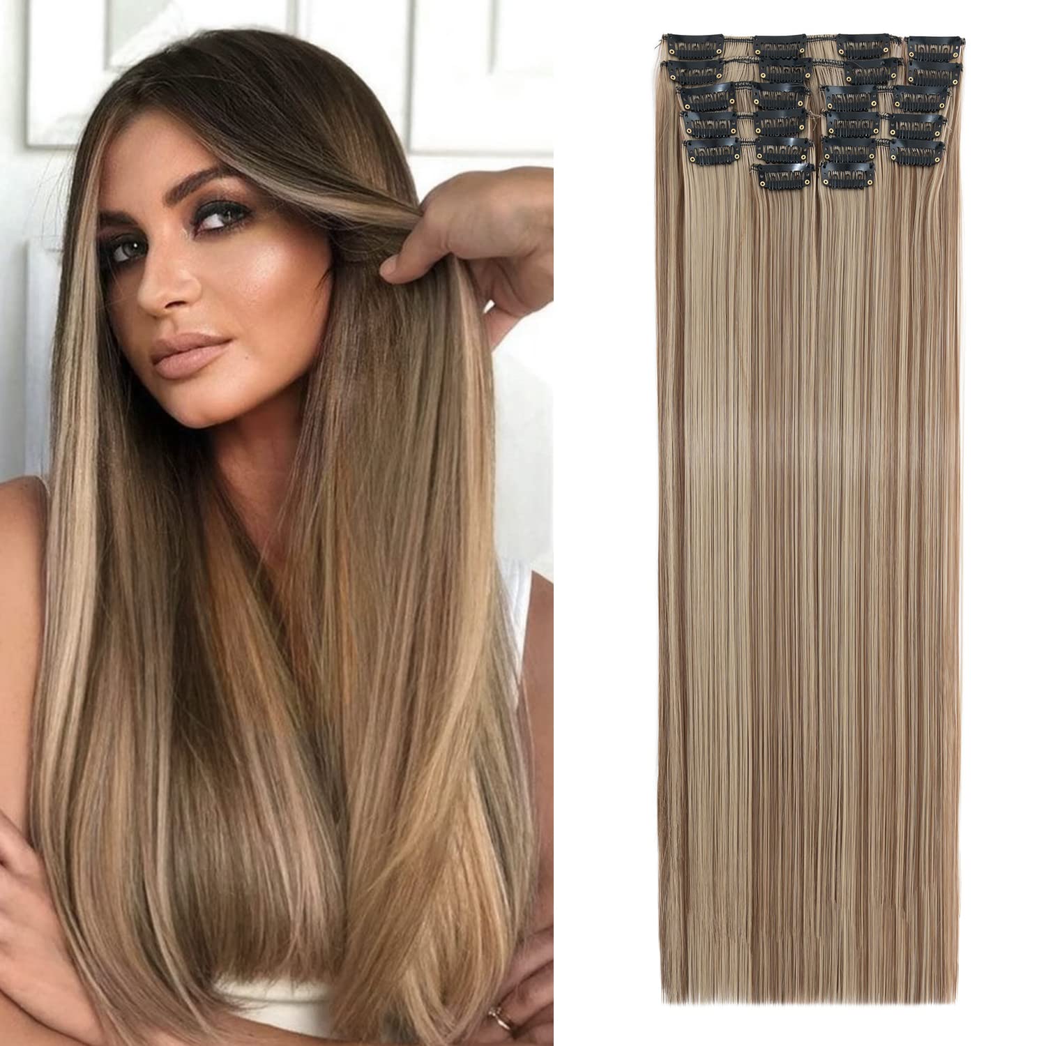 S-Noilite 22 Inches Long Straight Hair Extensions Clip in Full Head 12PCS Hair Extensions Clip on Synthetic Fiber Hairpieces for Women - Light Brown mix Ash Blonde โ image 1
