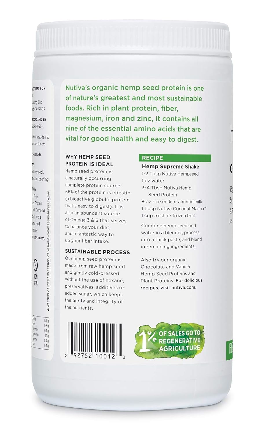 Nutiva Organic Cold-Pressed Hemp Seed Protein Powder, 15G Protein, 16 Ounce: Grocery & Gourmet Food