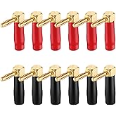 Therwen 36 Pcs Right Angle Banana Plugs 4mm Banana Speaker Plugs Gold Plated Copper 90 Degree Connector Audio Video Connectors Adapters for Speaker Wire, Red and Black