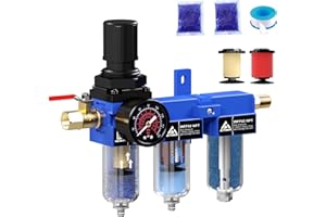 ATINY 1/4 Inch NPT Three Stage Air Drying System,air Pressure Regulator with 5＆0.01 Micron Filter Cartridge，Desiccant Dryer & Air Regulator, Metal Bowl Manual Drainage-Blue