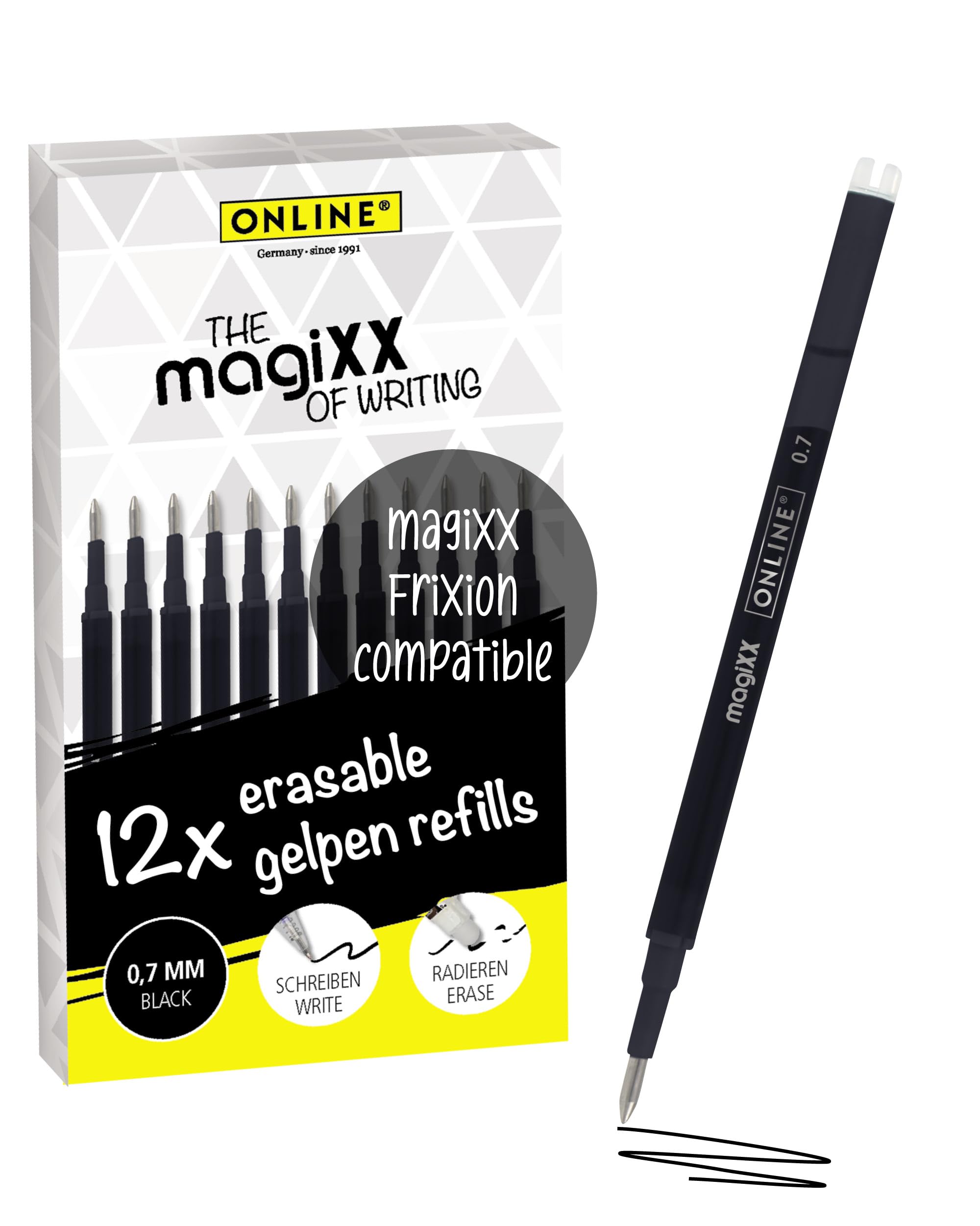 Online 12x erasable Refills, Compatible with magiXX, Black 0.7mm line Width, Replacement for gelpens and Gel Rollerball pens with erasable Ink — image 1