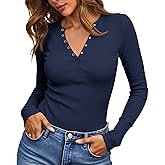 Tankaneo Womens Long Sleeve T-Shirts Deep V Neck Casual Cropped Henley Shirt Ribbed Knit Button Up 2025 Basic Tees